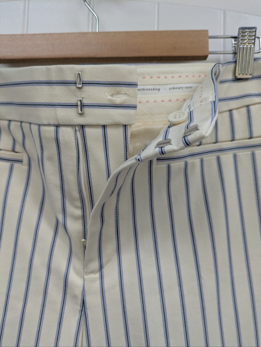 Anthropologie Essential Slim Cream Trousers with Blue & Lavender Pinstripes - Picture 6 of 10